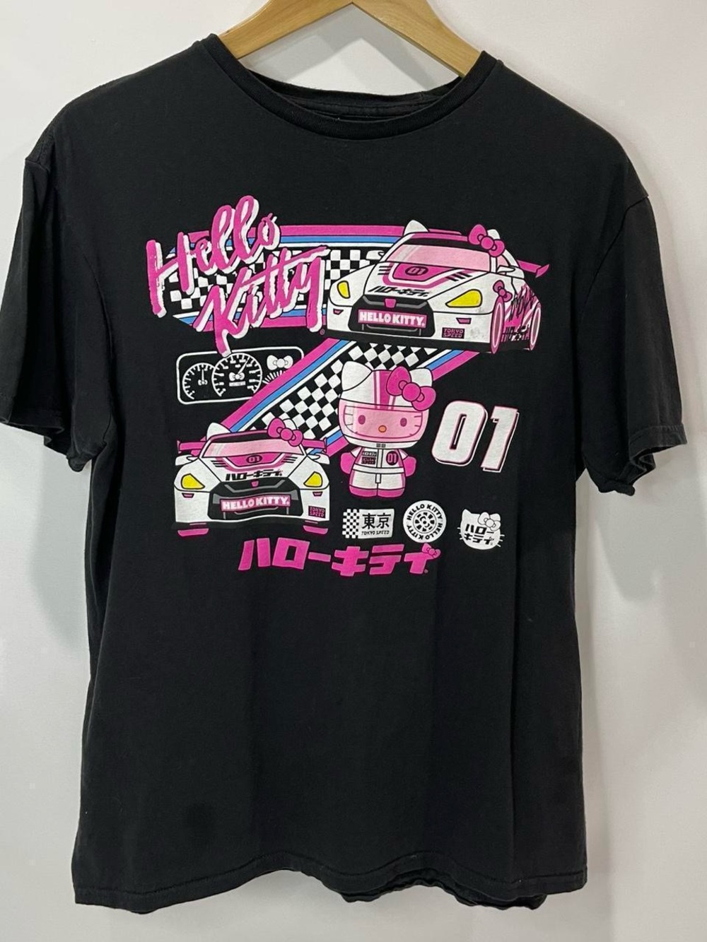 Hello Kitty Black Tee with Pink Racing Graphic